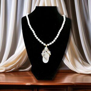 Vintage Mariam Haskell Milk Glass Bead Necklace, Signed Clasp / Pendant, 20” 195